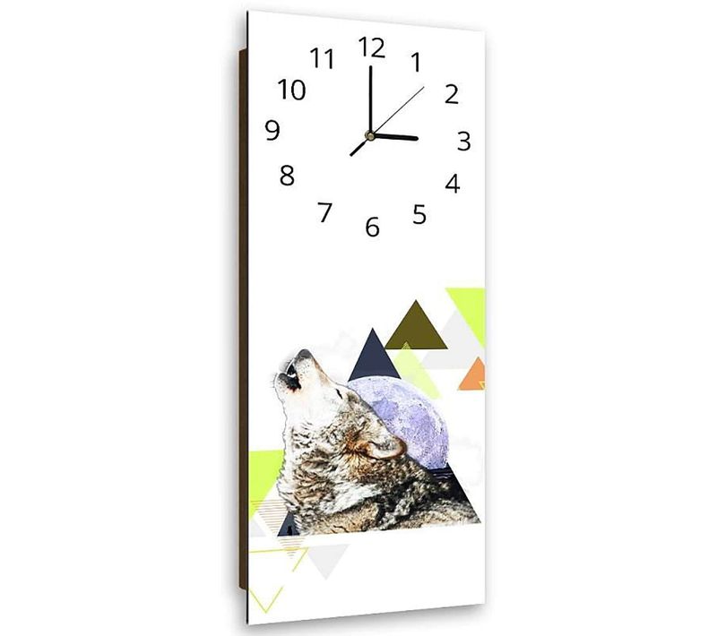 Horloge Murale Décorative Loup Et Formes Géométriques 25 X 65 Cm Blanc