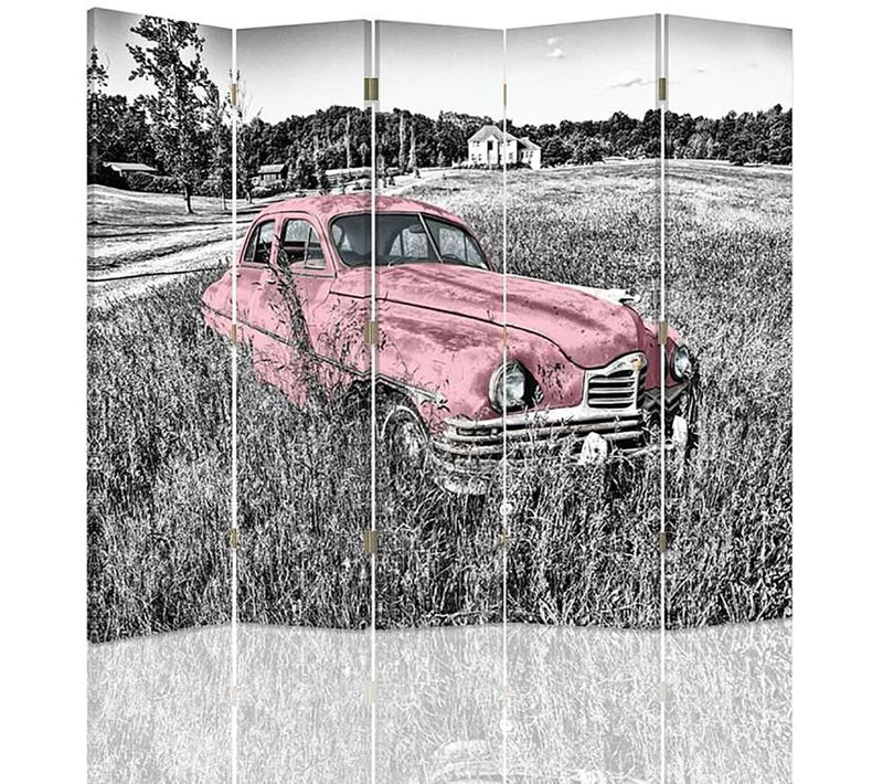Paravent Voiture Vintage Rose Pour Décoration Champêtre 180 X 180 Cm - 2 Faces R° V° + 360° Rose