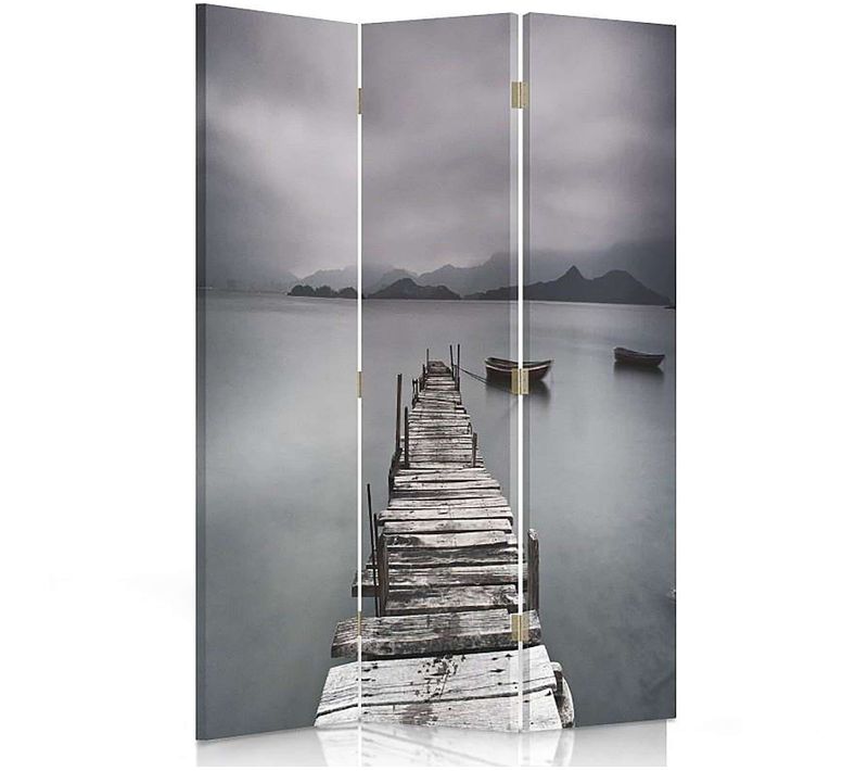 Paravent Décoratif Pont Et Lac, Séparateur D'espace 3 Panneaux 110 X 180 Cm - 1 Face Déco Gris