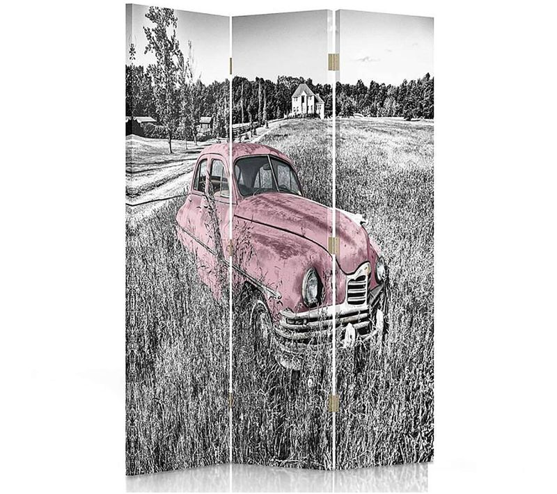 Paravent Déco Vintage Voiture Rose En Campagne 3 Panneaux 110 X 180 Cm - 1 Face Déco Rose