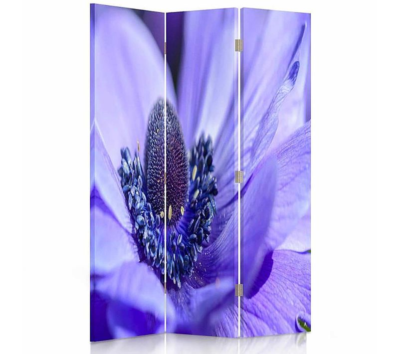 Paravent Déco 3 Volets Motif Fleur Bleu-violet élégant 110 X 150 Cm - 2 Faces R° V° Bleu