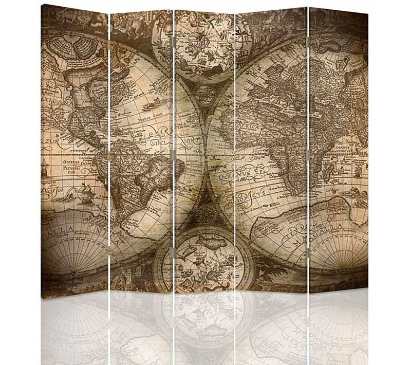 Paravent Déco Vintage Carte Du Monde Pour Intérieur 180 X 150 Cm - 2 Faces R° V° Beige