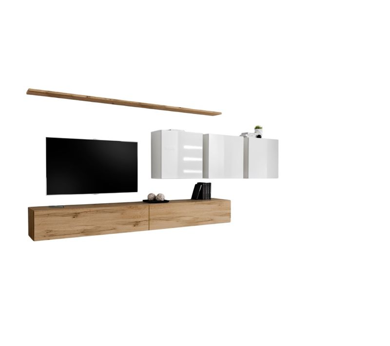 Ensemble Meuble Salon Switch Vii Design, Coloris Chêne Wotan Et Blanc Brillant.