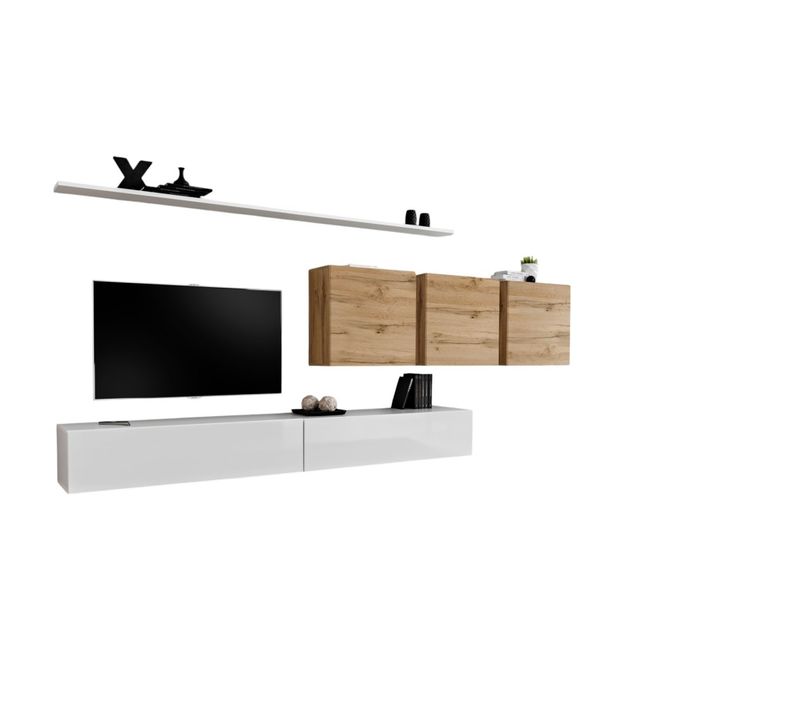 Ensemble Meuble Salon Switch Vii Design, Coloris Blanc Brillant Et Chêne Wotan.