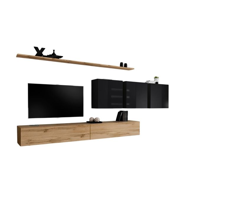 Ensemble Meuble Salon Switch Vii Design, Coloris Chêne Wotan Et Noir Brillant.