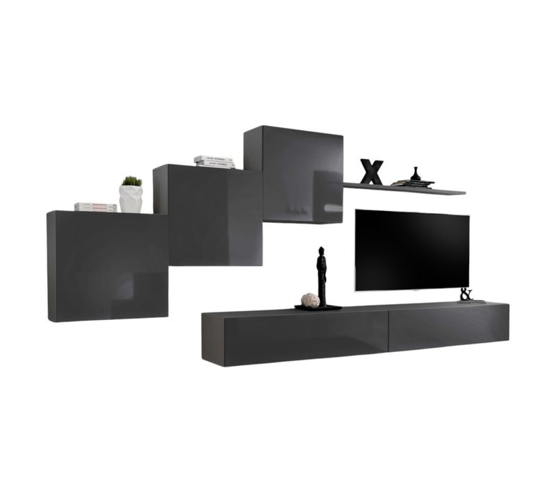 Ensemble Meuble Salon Mural Switch X Design, Coloris Gris Brillant.