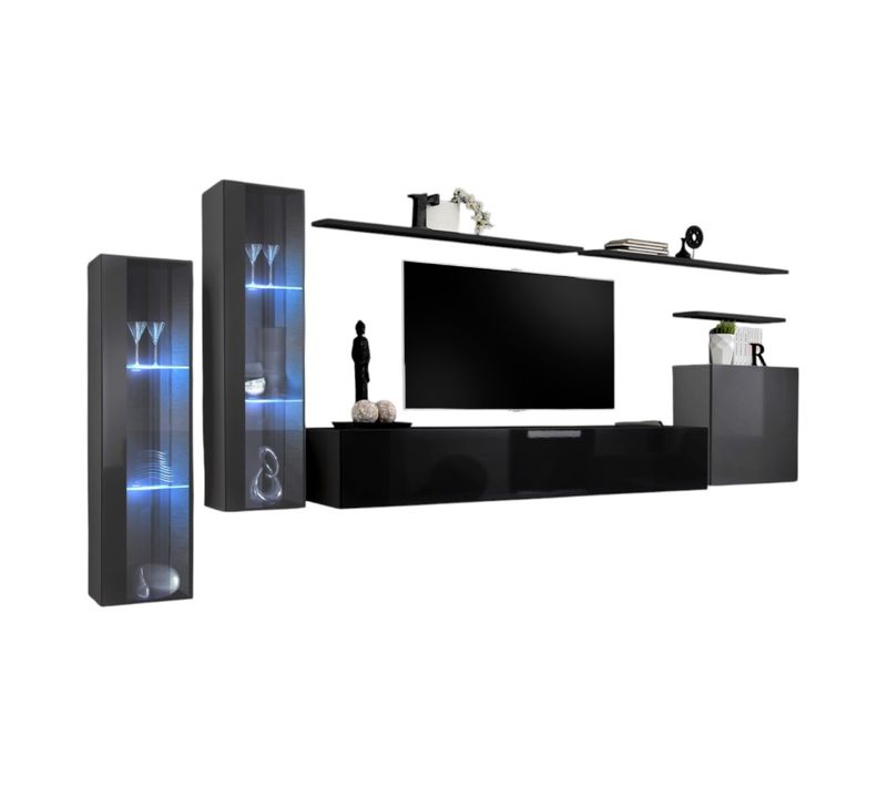 Ensemble Meuble Salon Mural Switch Xi Design, Coloris Noir Brillant Et Gris Brillant.