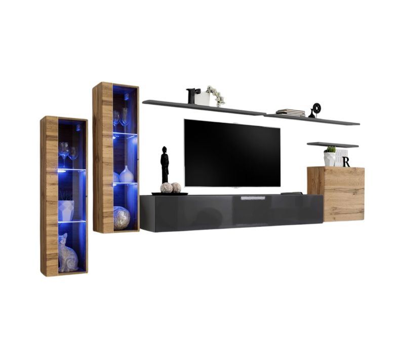 Ensemble Meuble Salon Mural Switch Xi Design, Coloris Gris Brillant Et Chêne Wotan.
