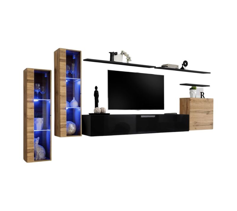 Ensemble Meuble Salon Mural Switch Xi Design, Coloris Noir Brillant Et Chêne Wotan.