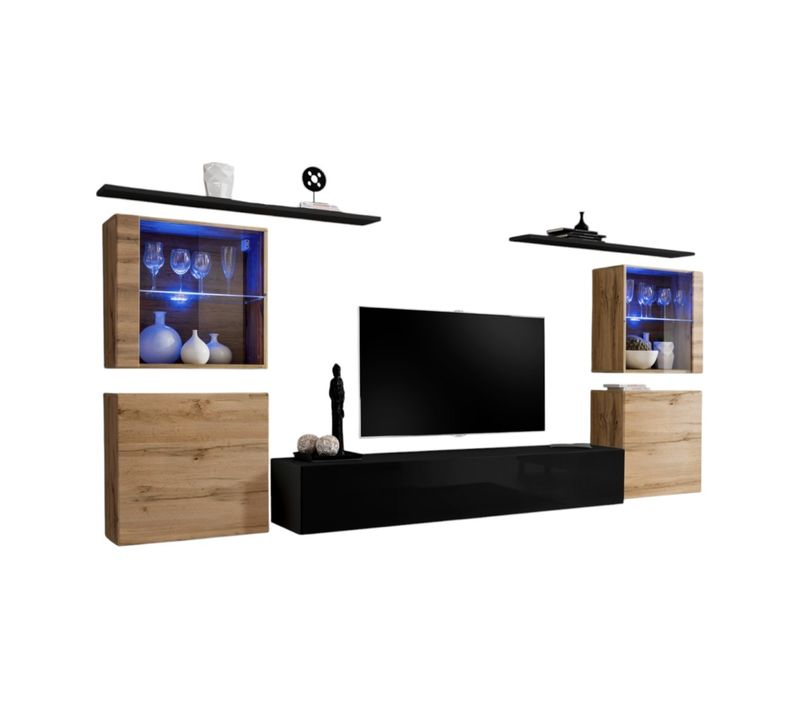 Ensemble Meuble Salon Mural Switch Xiv Design, Coloris Noir Brillant Et Chêne Wotan.