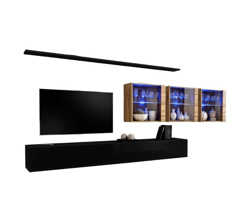 Ensemble Meuble Salon Mural Switch Xvii Design, Coloris Noir Brillant Et Chêne Wotan.