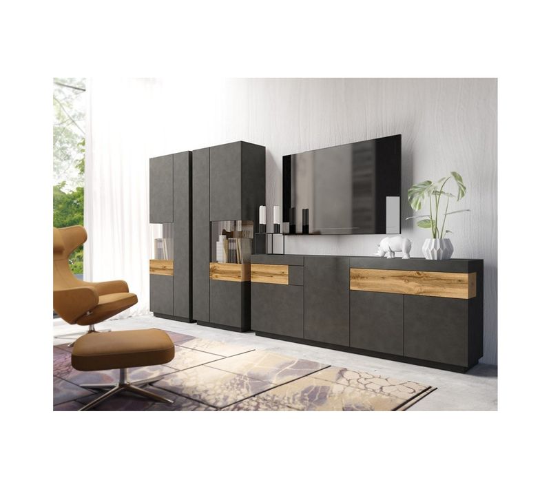 Ensemble De Salon Vitrine Et Buffet Collection Kiles. Coloris Gris Anthracite Et Chêne.
