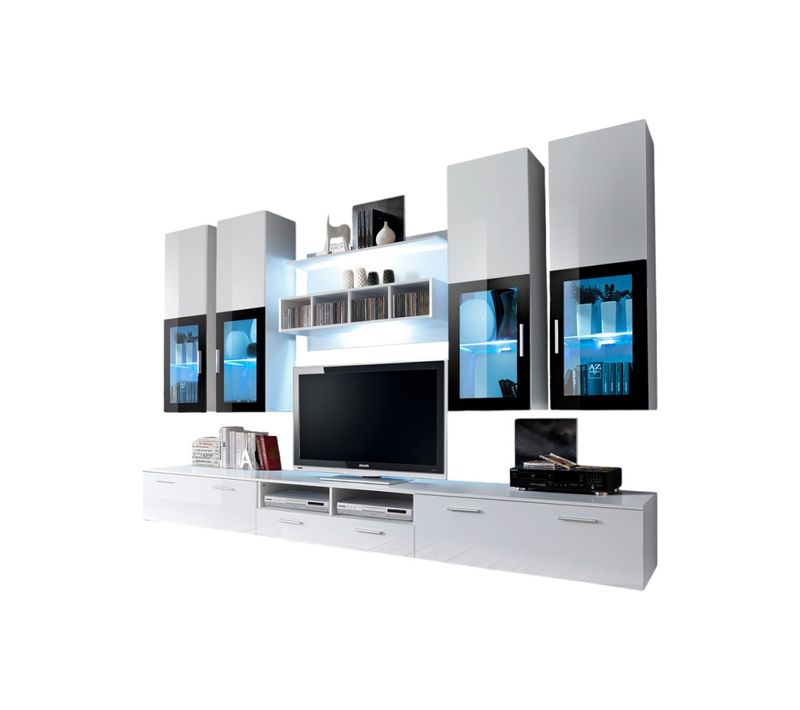 Composition De Meubles TV Design Collection Lora. Coloris Blanc Mat Et Blanc Brillant.
