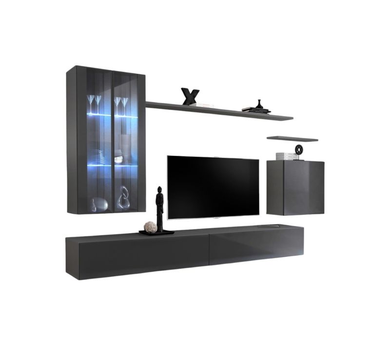 Ensemble Meuble Salon Mural Switch Xii Design, Coloris Gris Brillant.