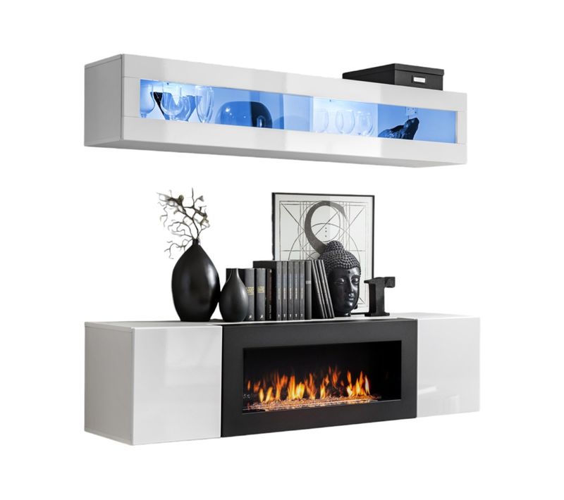 Meubles Suspendus Avec Cheminée Décorative Collection Fly N2. Coloris Blanc.