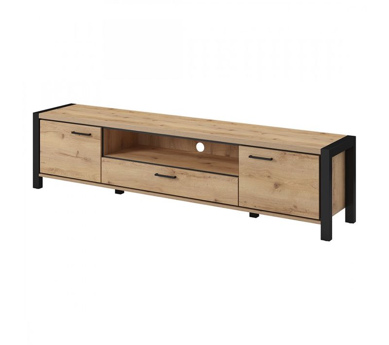 Meuble TV XL 210cm Collection Tivora. Couleur Chêne Et Noir. 2 Portes Et 1 Tiroir.