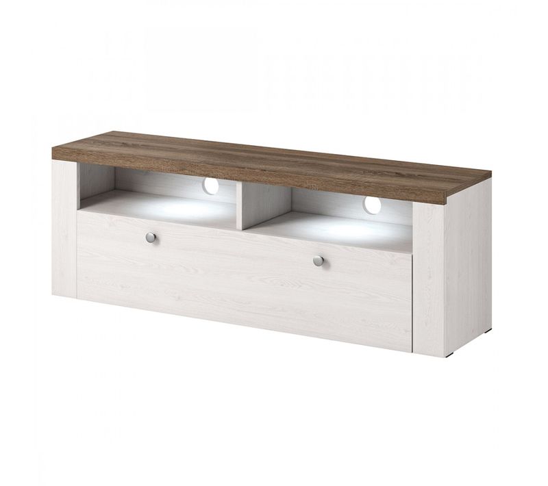 Meuble TV 140cm Collection Santiago. Couleur Blanc Effet Bois Et Chêne. 1 Porte