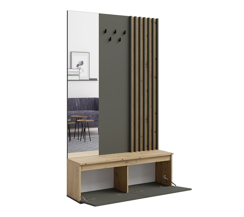 Meuble D'entrée Avec Porte-manteau Et Miroir 120 Cm - Chêne Clair Et Gris Anthracite - Collection N