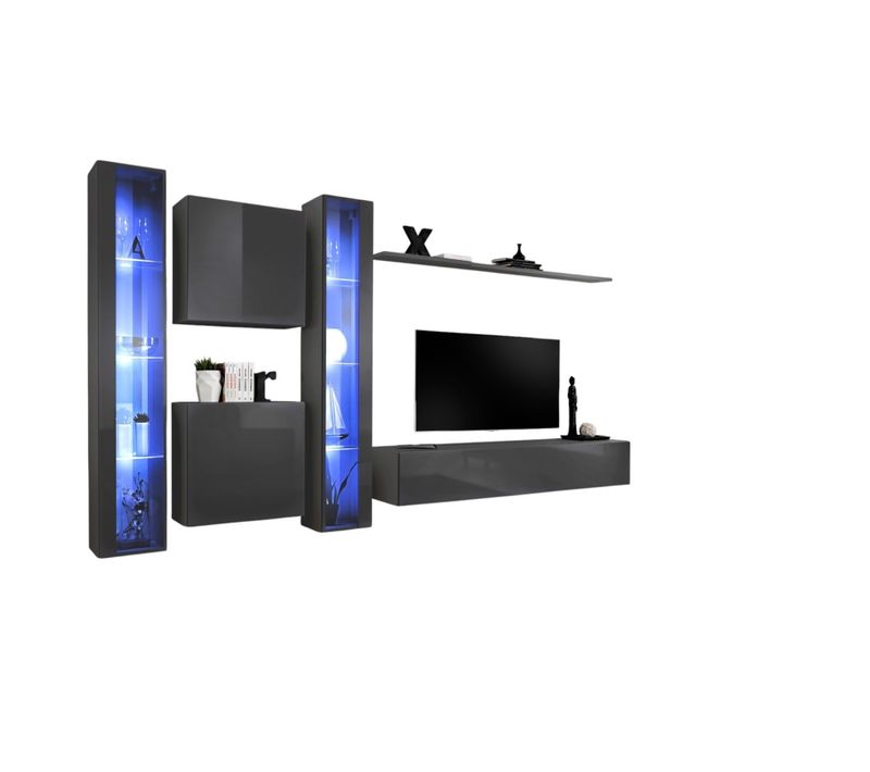 Ensemble De Meubles Mural Design Pour Salon. Collection Switch Xvi, Coloris Gris Brillant.