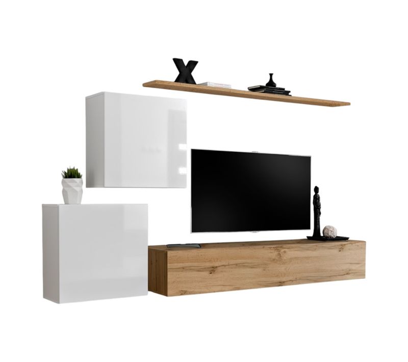 Ensemble De Meubles Suspendus Pour Votre Salon Collection Switch V. Coloris Chêne Wotan Et Blanc Br