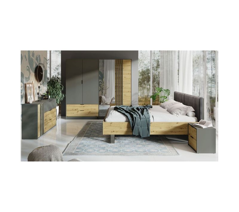 Chambre Compléte Design Izo : Armoire, Lit 180x200, Commode, Chevets, Chêne/gris Anthracite