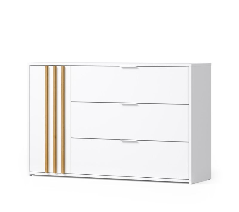 Commode Florence – Blanc Et Chêne – 1 Porte + 3 Tiroirs – Soft Close – Design Contemporain