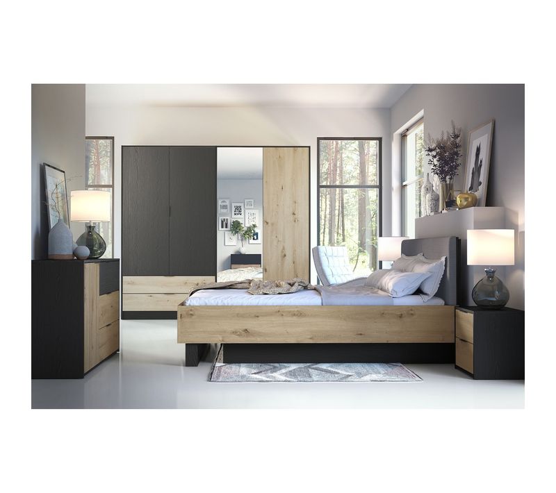 Chambre Complète Melody – Lit Coffre 180x200 + Armoire + Commode + Chevets – Noir Graphite Et Chêne