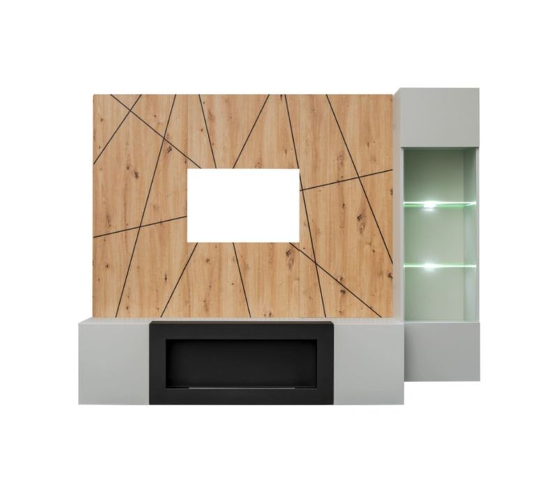 Composition Murale Ixar Géométrique – Meuble TV, Vitrine Suspendue, Panneaux Muraux Et Cheminée Bio