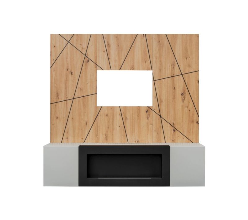 Composition Murale Ixar Géométrique – Meuble TV + Panneaux Muraux Décoratifs + Cheminée Bio-éthanol