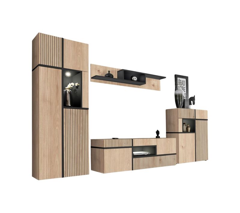 Ensemble Salon Complet Criss – Meuble TV, Buffet Haut, Vitrine, Étagère Murale – Chêne Clair Et Noi