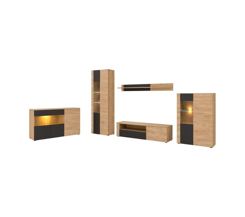 Salon Complet Doum – Buffet Bas, Vitrine, Meuble TV, Buffet Haut Et Étagère Murale – Chêne Clair Et