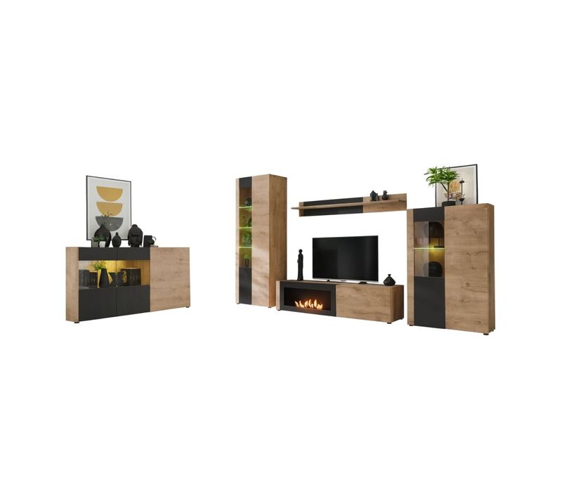 Salon Complet Doum – Buffet Bas, Vitrine, Meuble TV Avec Cheminée Bio-éthanol, Buffet Haut Et Étagè