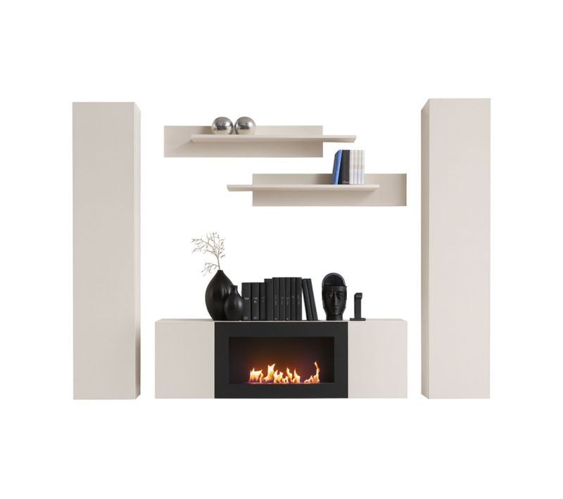Composition Murale Fly Cachemire Avec Cheminée Bio-éthanol Et Rangements
