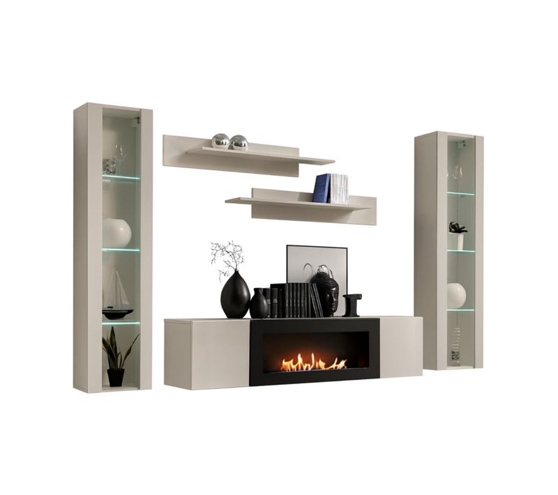 Composition Murale Fly Cachemire Avec Vitrines Vitrées, Cheminée Bio-éthanol Et LED