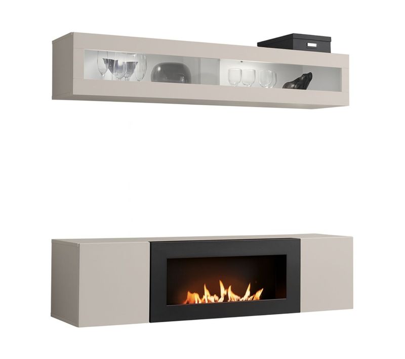 Composition Murale Fly Cachemire Avec Vitrine Vitrée Horizontale Et Meuble TV Cheminée Bio-éthanol
