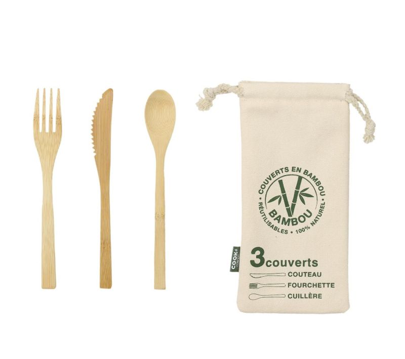 Lot De 3 Couverts et Pochette "ecolo" 19cm Naturel