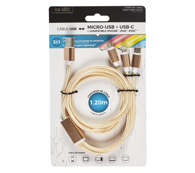 Cable De Charge Type C iPhone Micro USB 3en1  Ht1980 Pour Smartphone