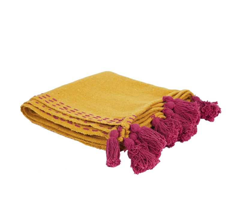 Jeté De Canapé Coton "pompons" 130x150cm Ocre