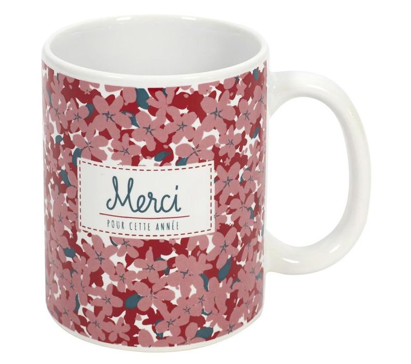 Mug Fleuri En Céramique "merci" 30cl Rose