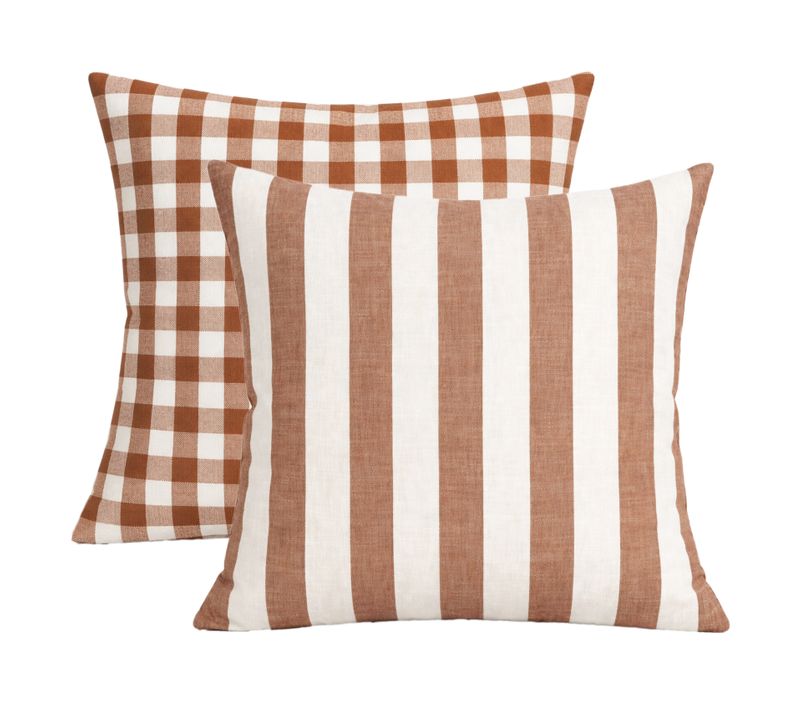 Housse De Coussin 100% Coton Rayures Et Vichy Lourmarin - 60x60 Cm - Terracotta