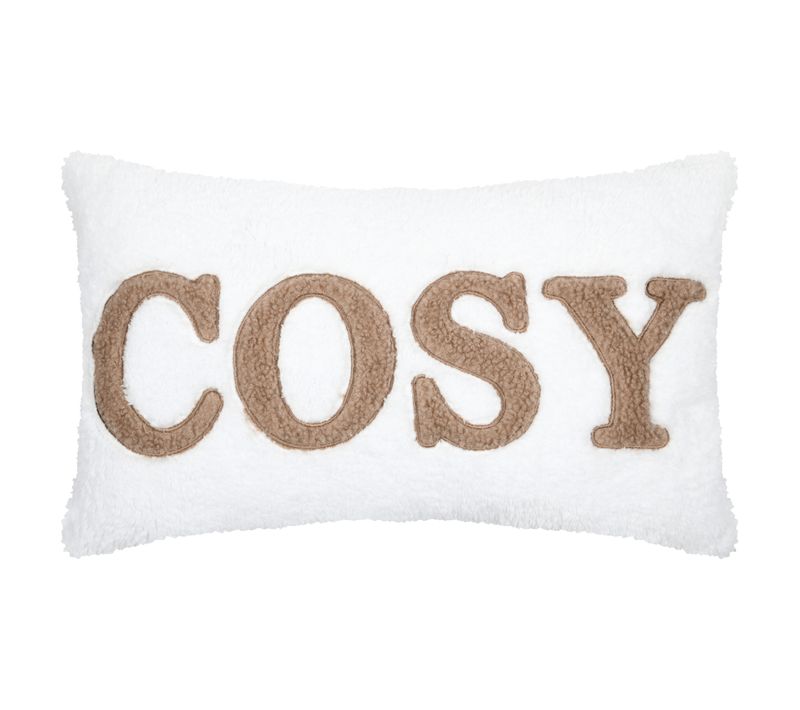 Coussin En Polaire Avec Message Brodé "cosy" - 30x50 Cm - Ecru