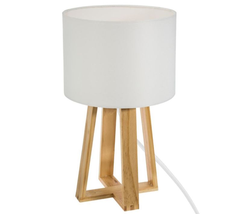 Lampe à Poser, Lampadaire En Coton Blanc Et Pieds En Bois De Pin Naturel