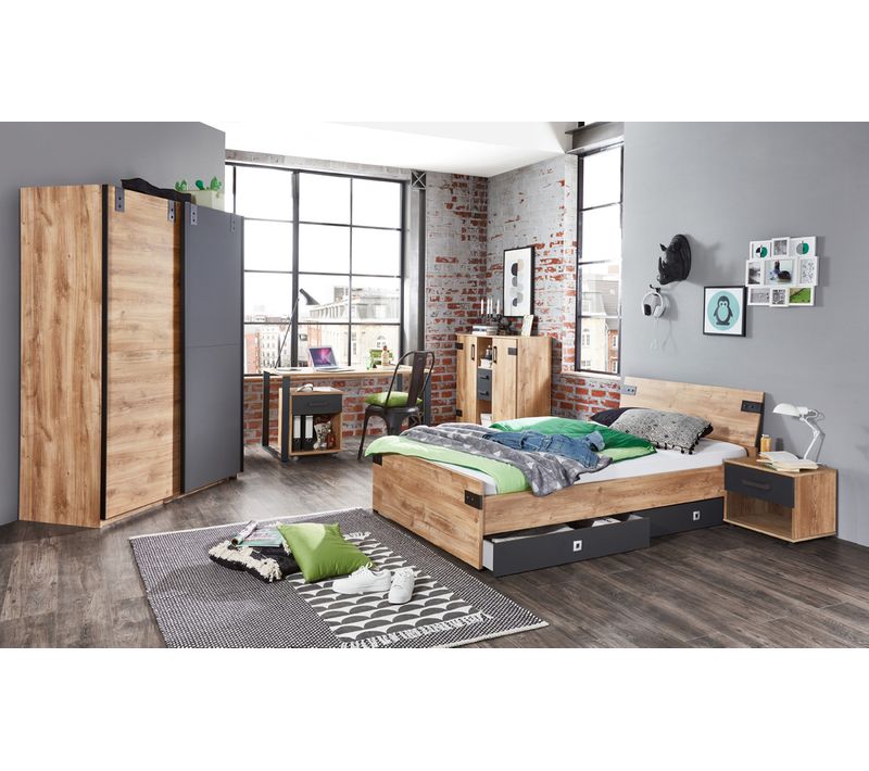 Ensemble Chambre Adulte Complète Imitation Chêne Poutre, Rechampis Graphite - 140 X 200 Cm