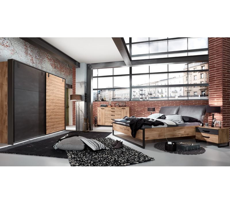 Ensemble Chambre Adulte Complète Imitation Chêne Poutre Rechampis Raw Steel - 180 X 200 Cm