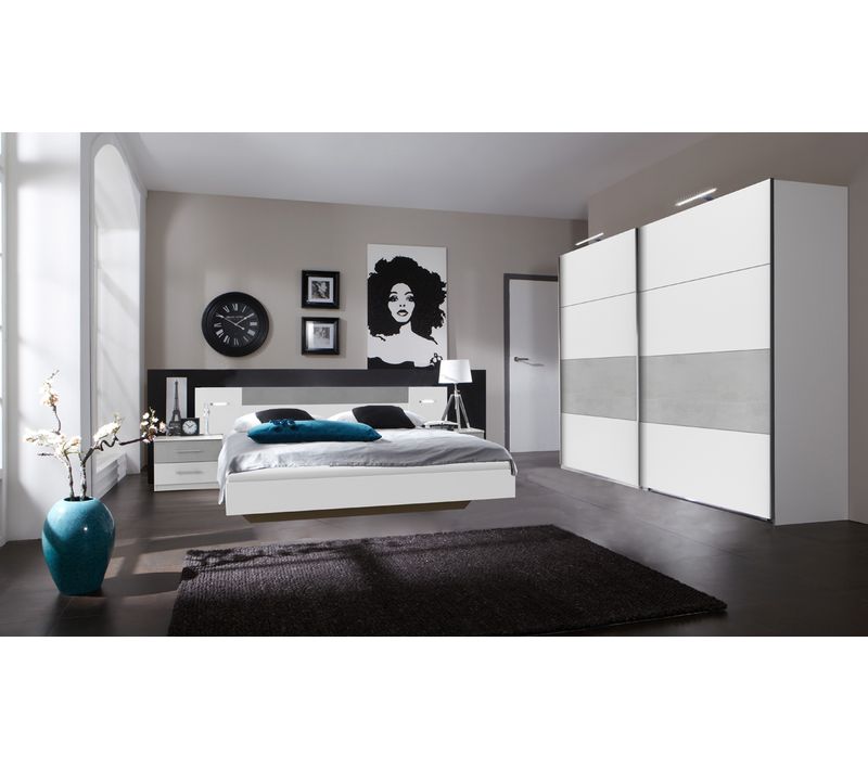 Ensemble Chambre Adulte Lit Futon Avec Éclairage En Blanc, Rechampis Teinte Béton Gris Clair - 160 X 200 Cm