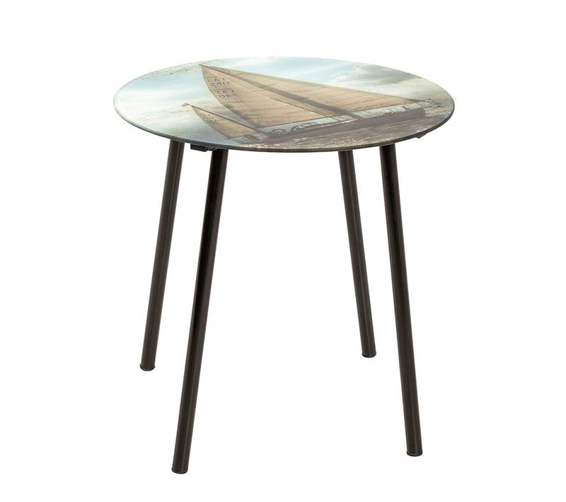 Table D'appoint En Verre Trempé Motif "bateau À Voiles" - Diam 40 Cm