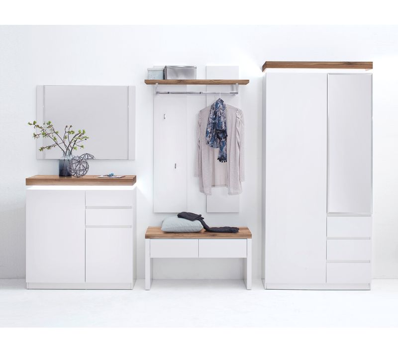 Ensemble Meuble D'entrée Coloris Laqué Blanc Mat Avec Plateaux En Chêne Noueux Huilé