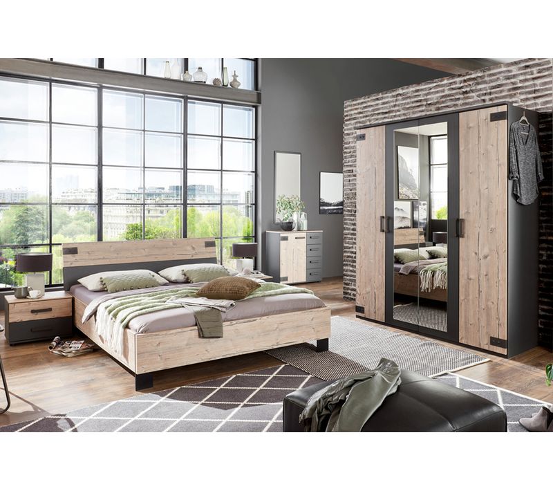 Chambre à Coucher Complète Adulte (lit 160x200 Cm + 2 Chevets + Armoire + Commode) Coloris Chêne