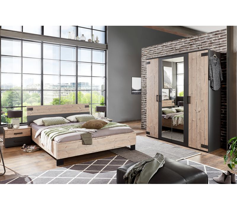 Chambre à Coucher Complète Adulte (lit 140x200 Cm + 2 Chevets + Armoire) Coloris Chêne