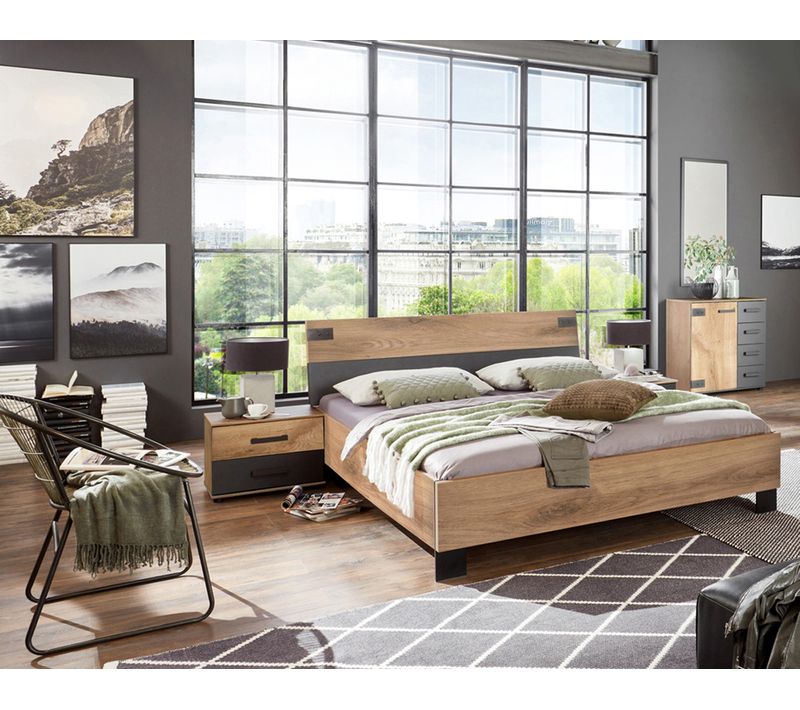 Chambre à Coucher Complète Adulte (lit 140x200 Cm + 2 Chevets + Commode) Coloris Chêne Foncé